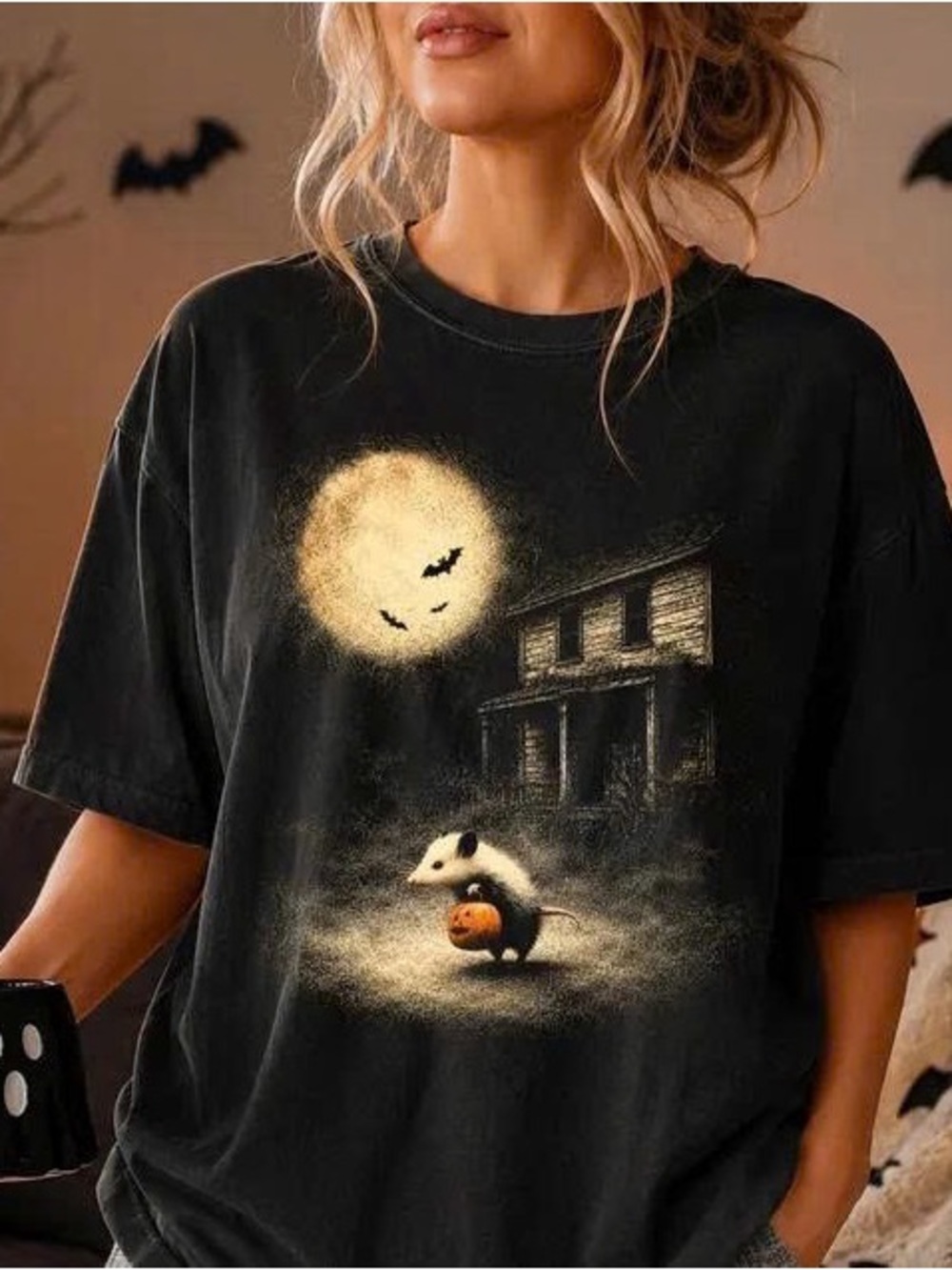 Halloween Moonlight Possum Graphic Tee - Black